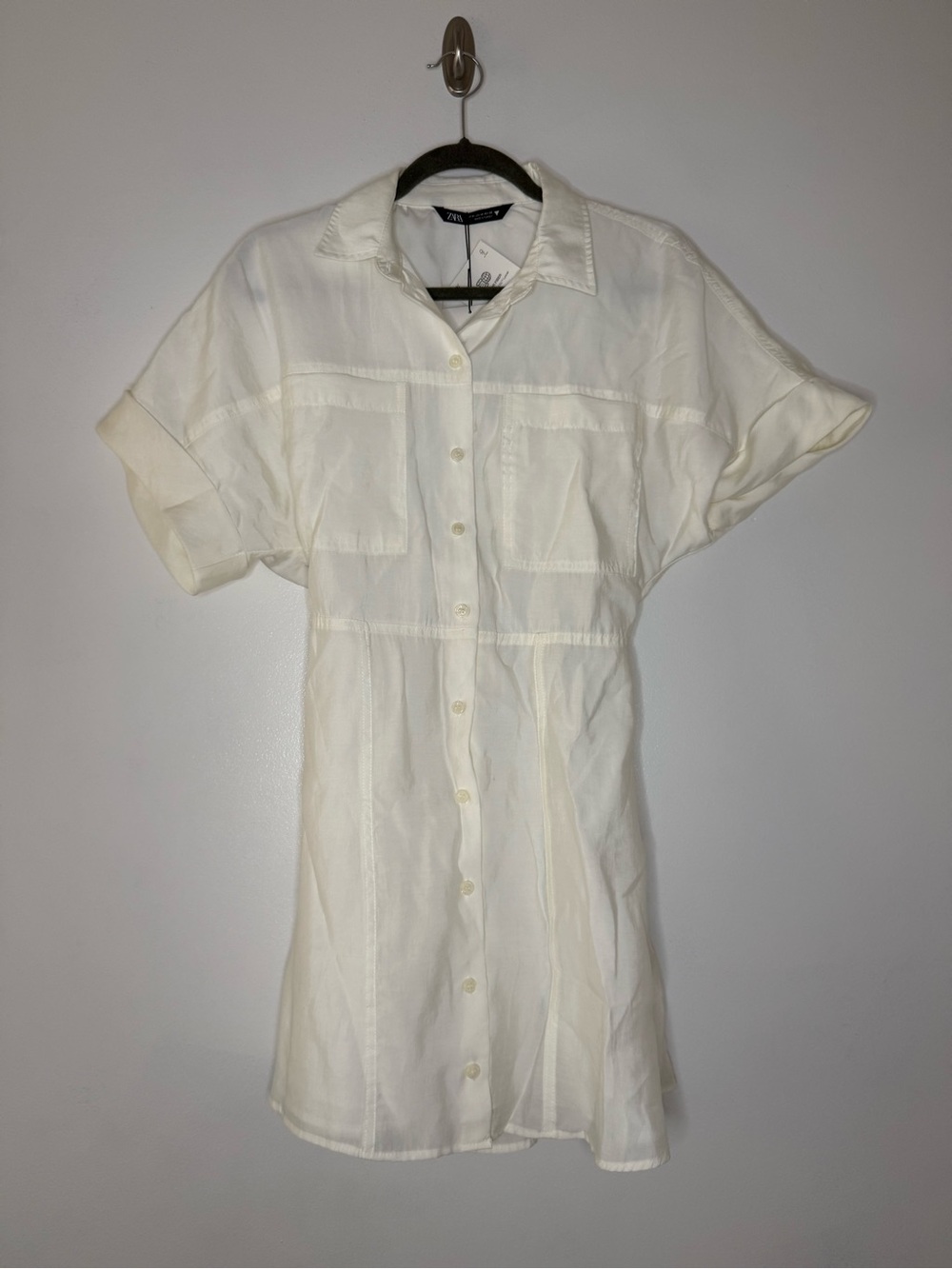 ZARA Cream Short-Sleeve Button Shirt Dress Size Medium